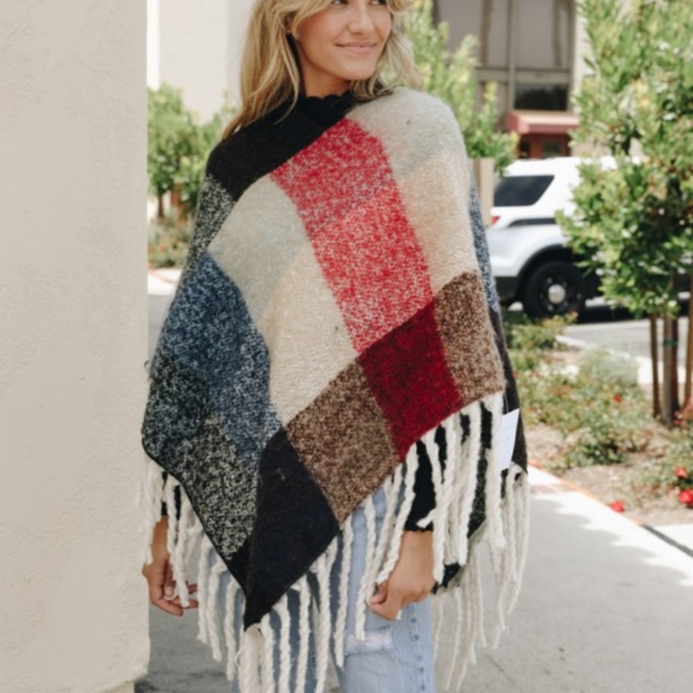 Boho Cozy Colorblock Poncho Sweater One Size - Picture 4 of 5